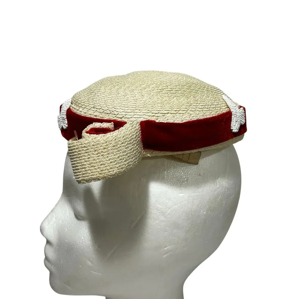 Vintage Mindy by Mary Roth White headband hat red velvet trim white beads FLAW